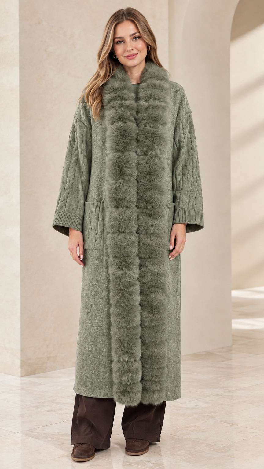 Sage Green plush faux fur trim cable sleeve knit duster