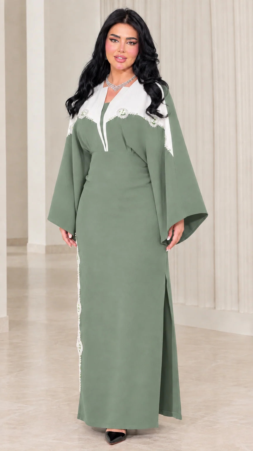 Sage green contrast embellished bell sleeve maxi dress front view