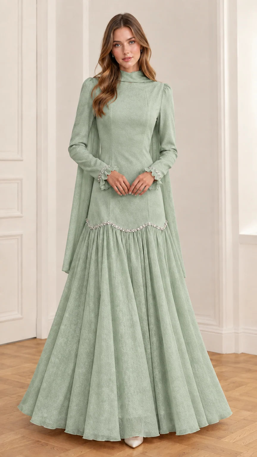 Sage green high-neck long-sleeve embellished formal gown