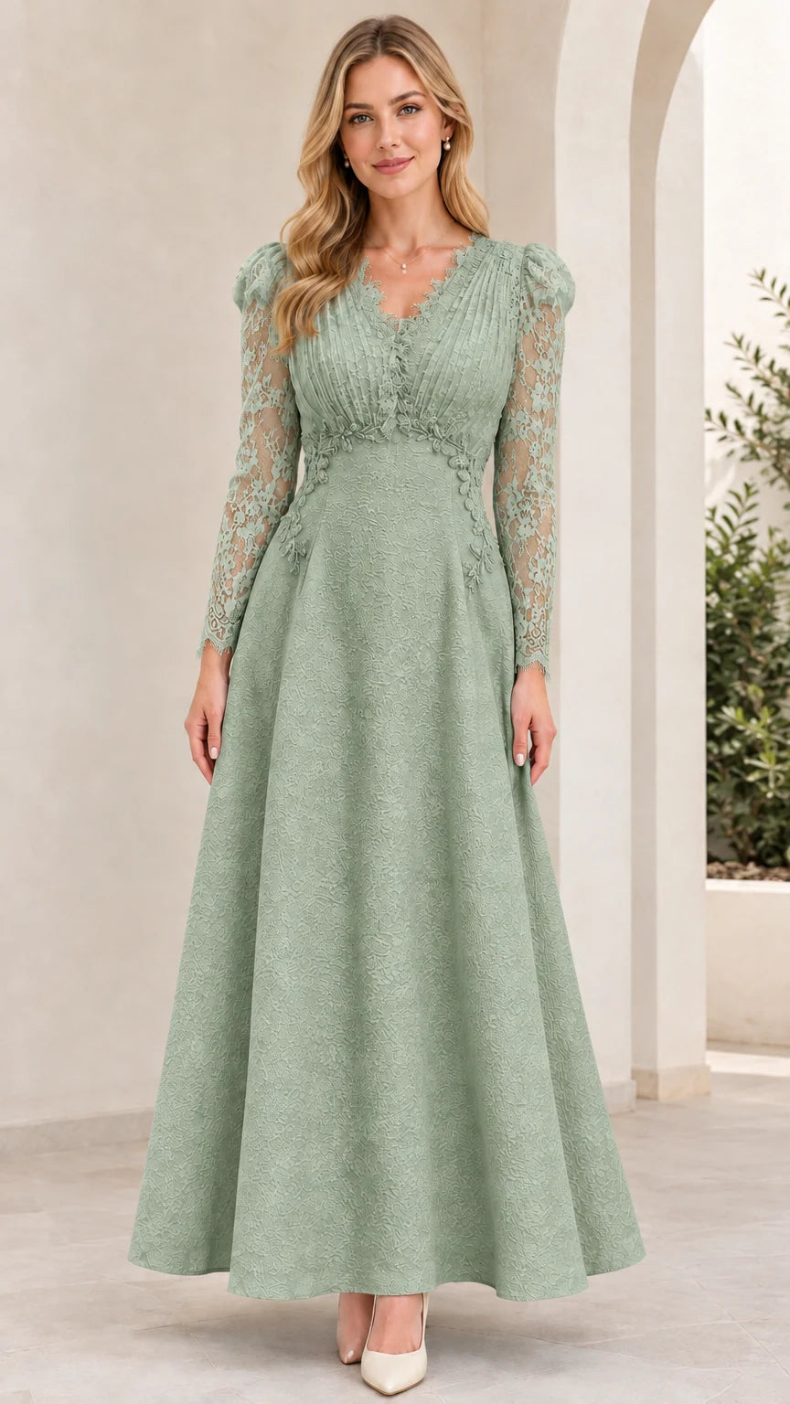 Sage Green long sleeve lace evening maxi dress