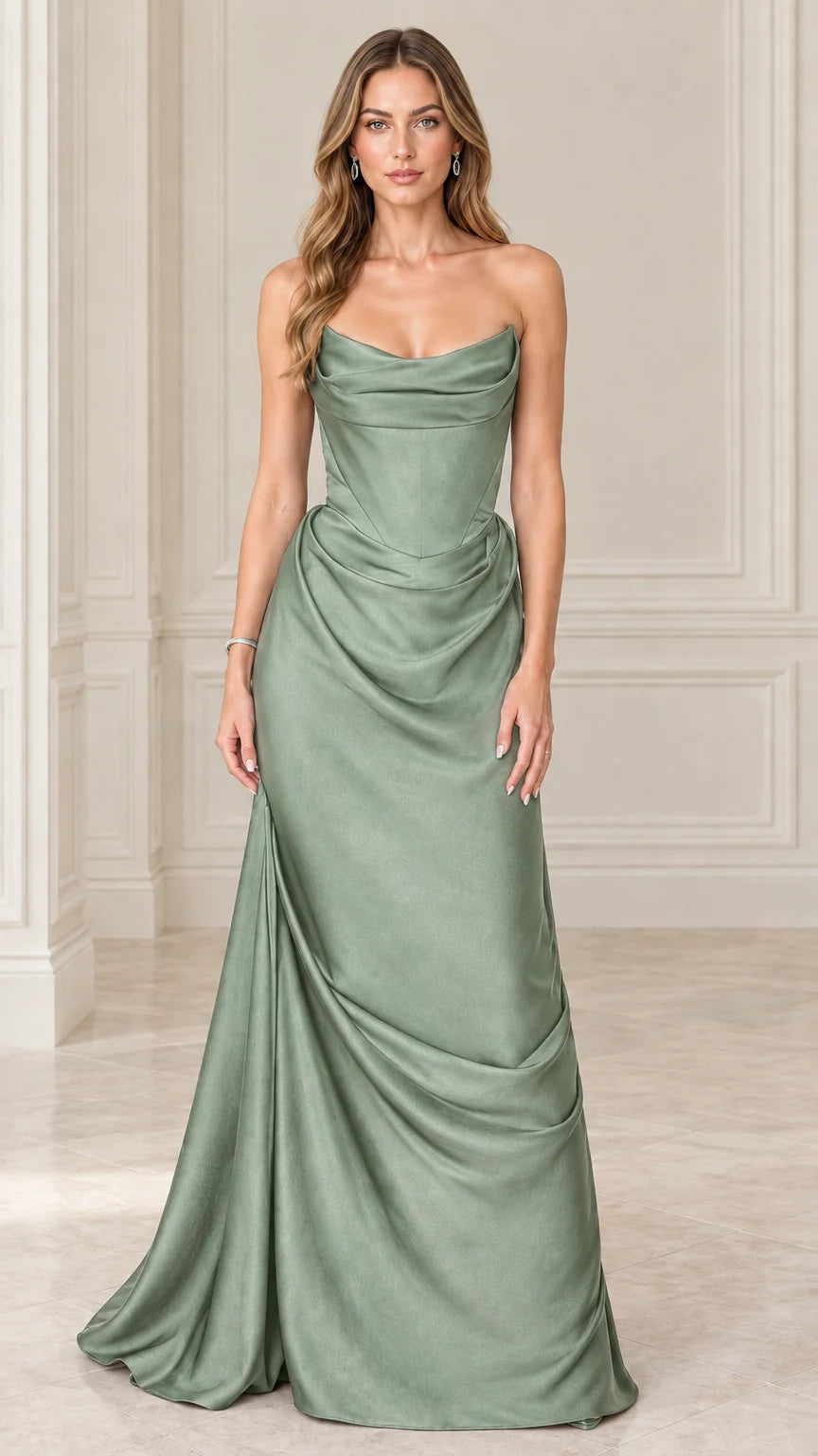 Model wearing sage green strapless satin corset draped maxi dress