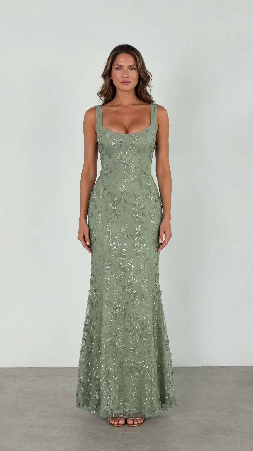 Sage Green 3D floral embroidered floor-length formal gown