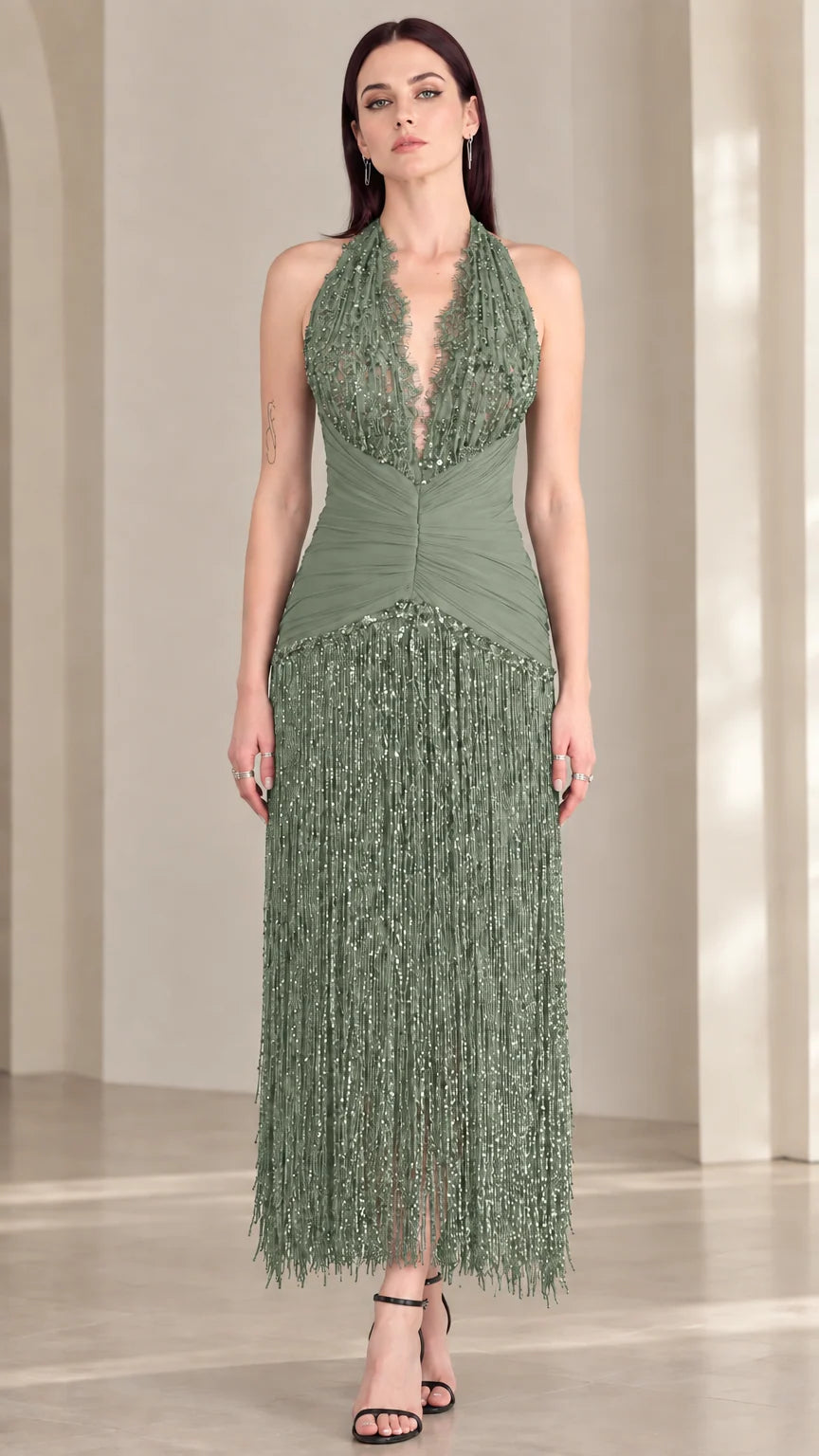 Front view of sage green halter sequin fringe evening dress