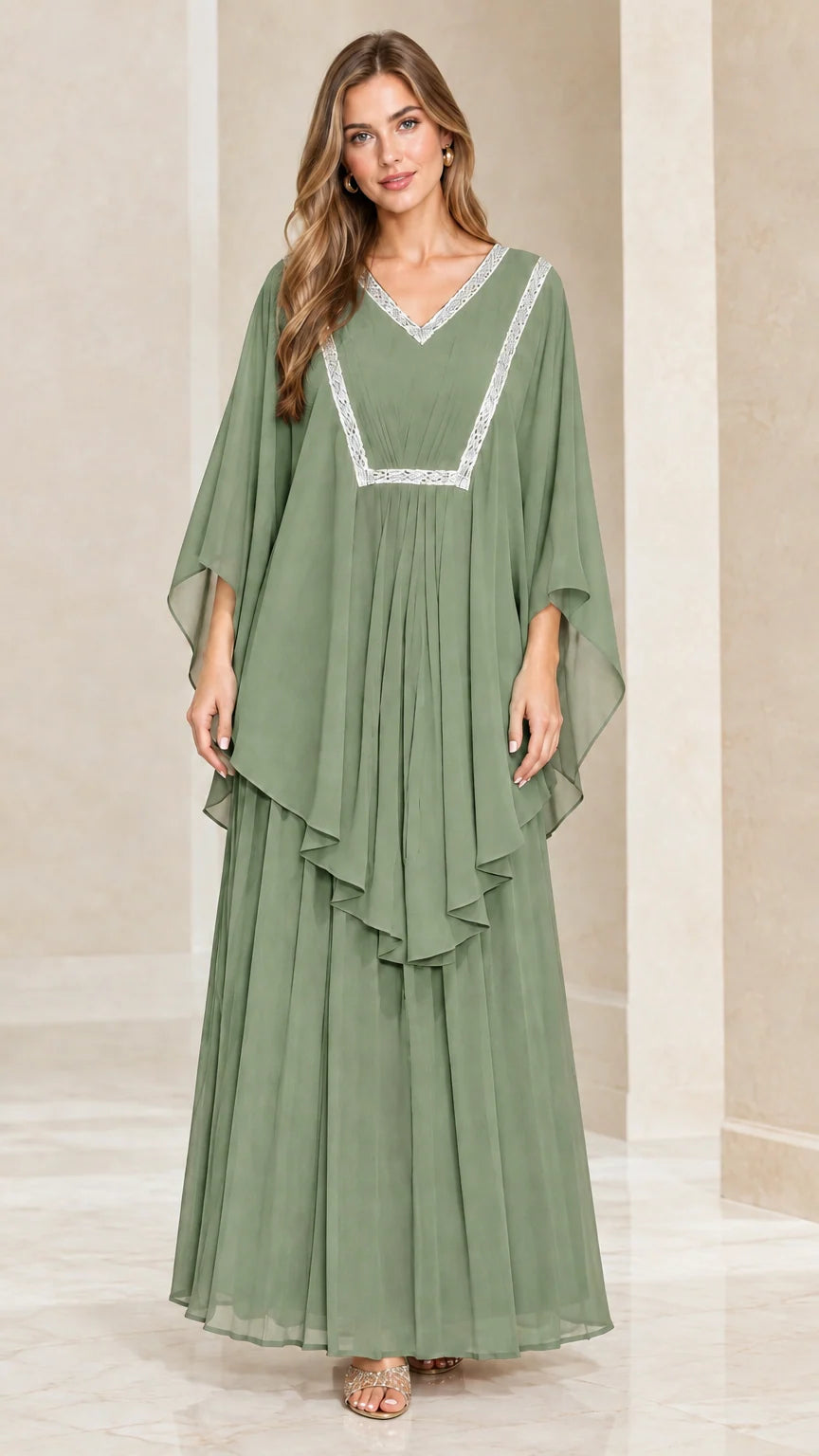 Sage green layered chiffon kaftan maxi dress with decorative trim