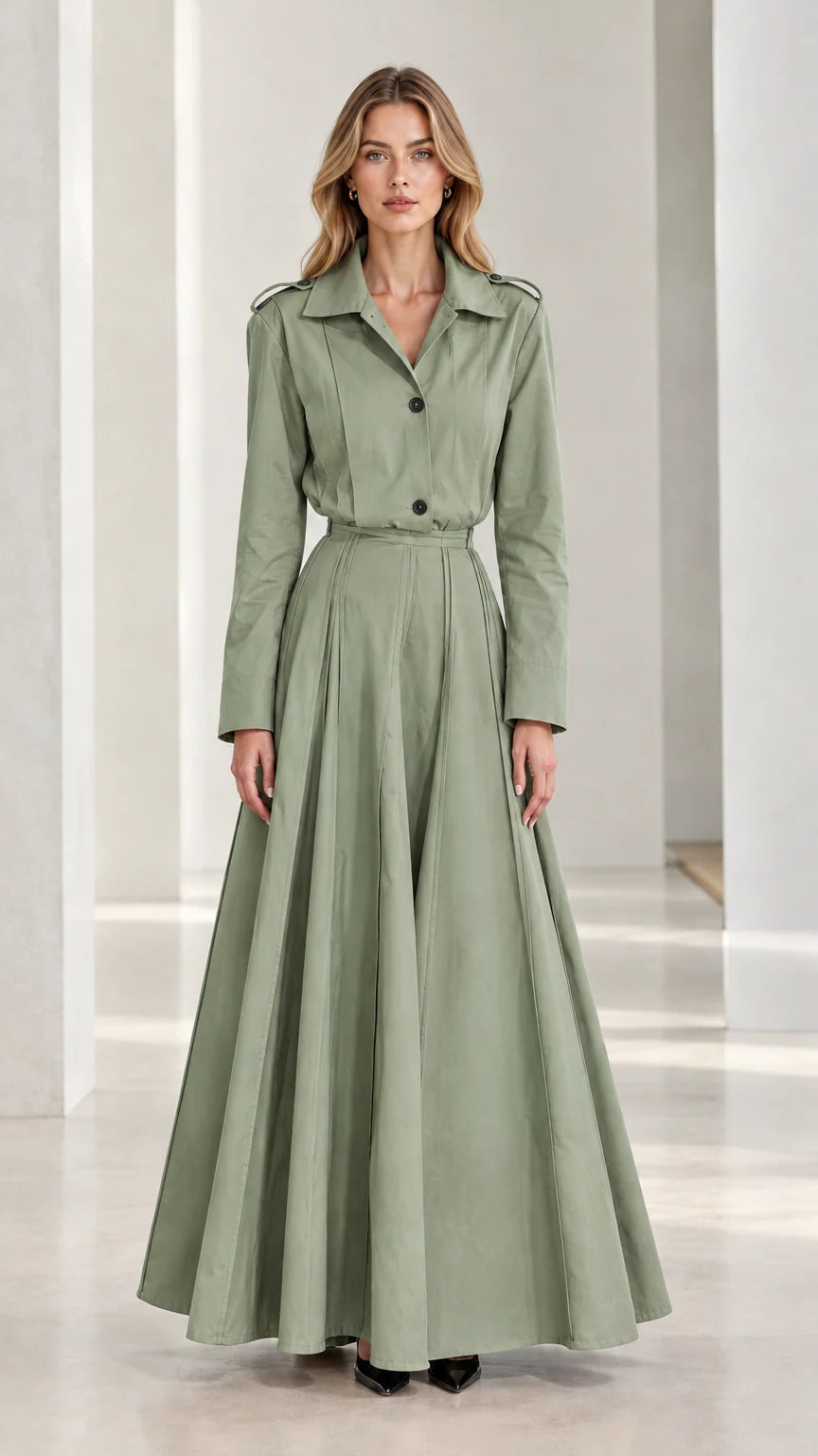 Front view of sage green pleated long sleeve trench maxi dress
