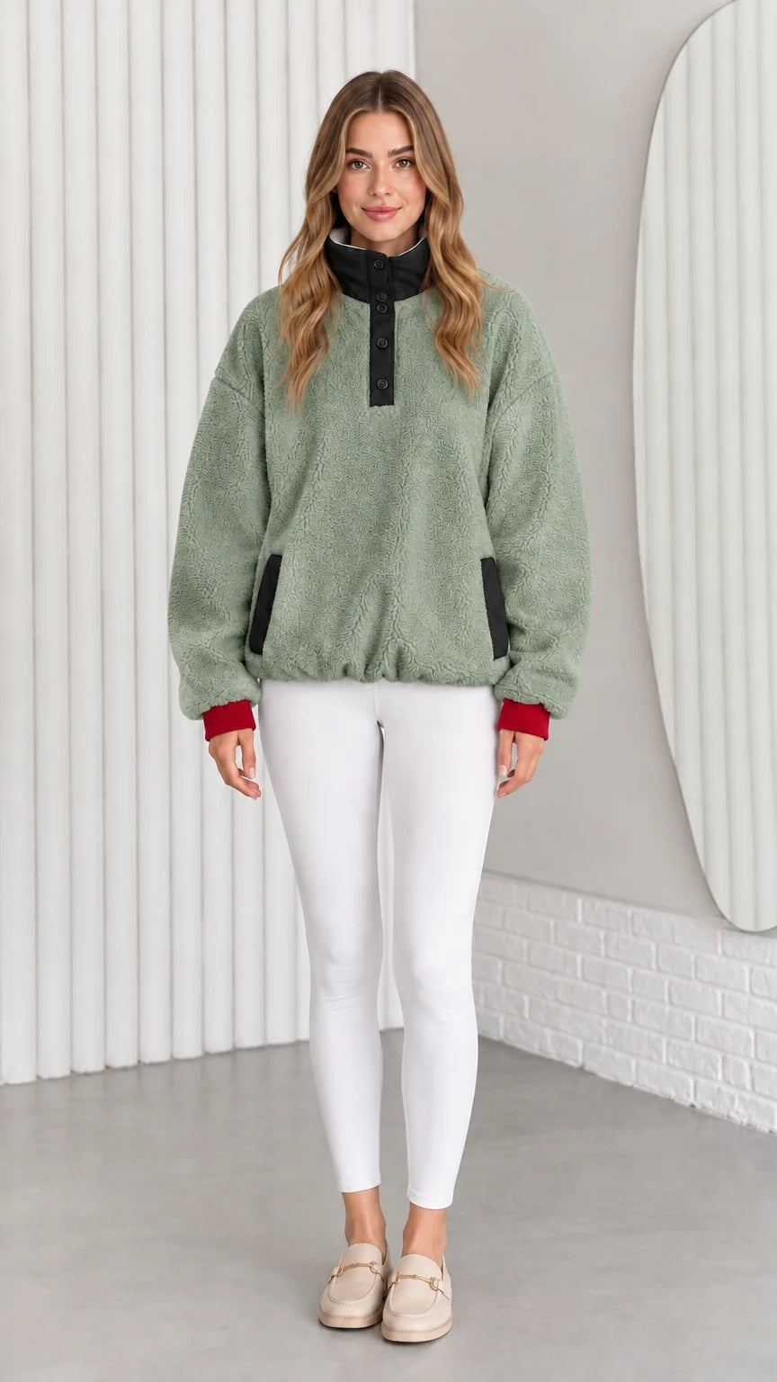 Model wearing sage green sherpa fleece pullover with contrast collar and cuffs