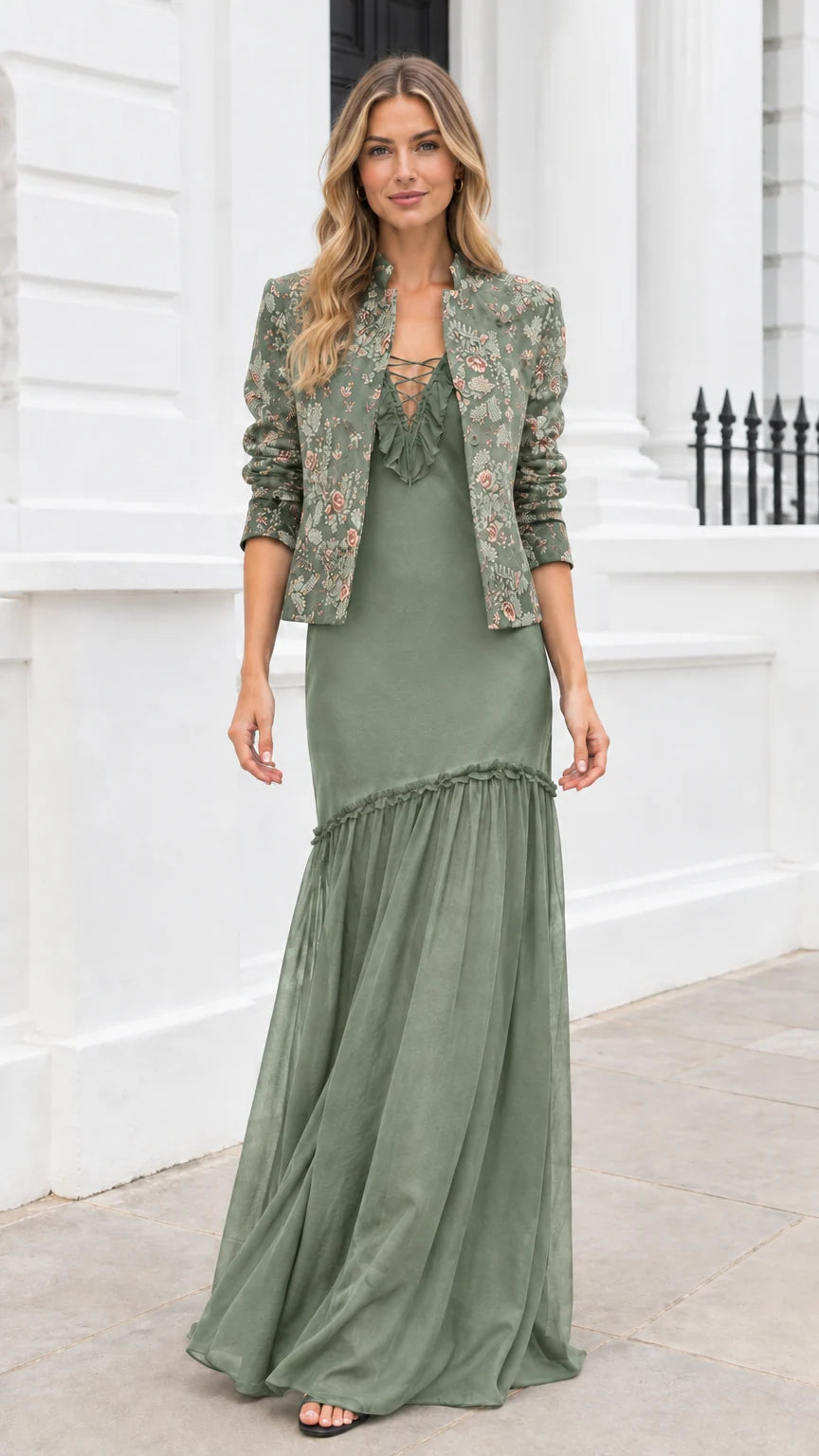 Front view of sage green floral jacquard jacket and maxi dress two-piece set