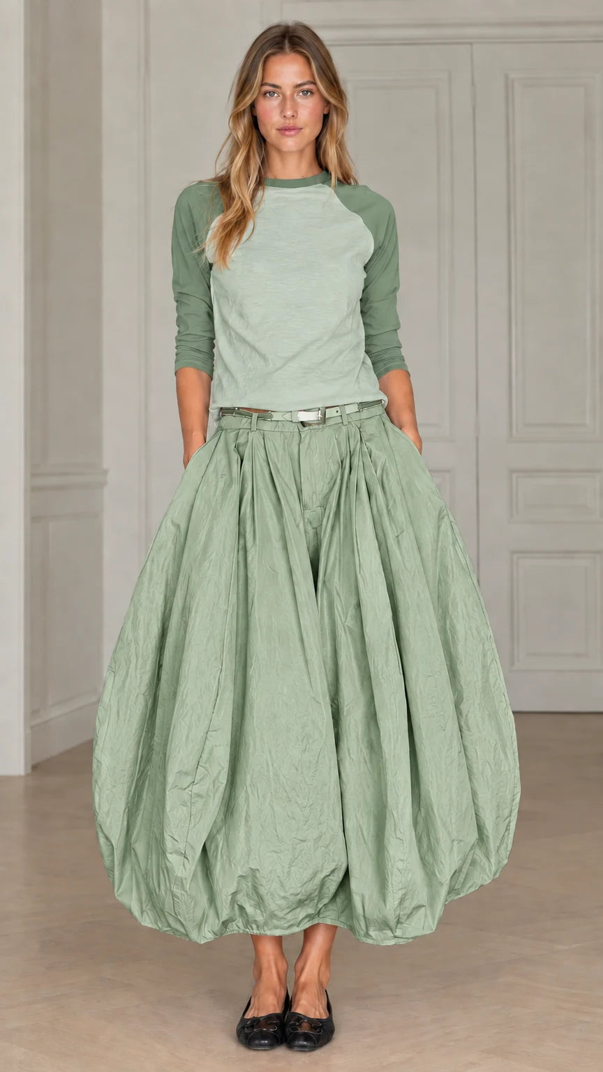 Full front view of women's matching raglan top and bubble maxi skirt set in sage green