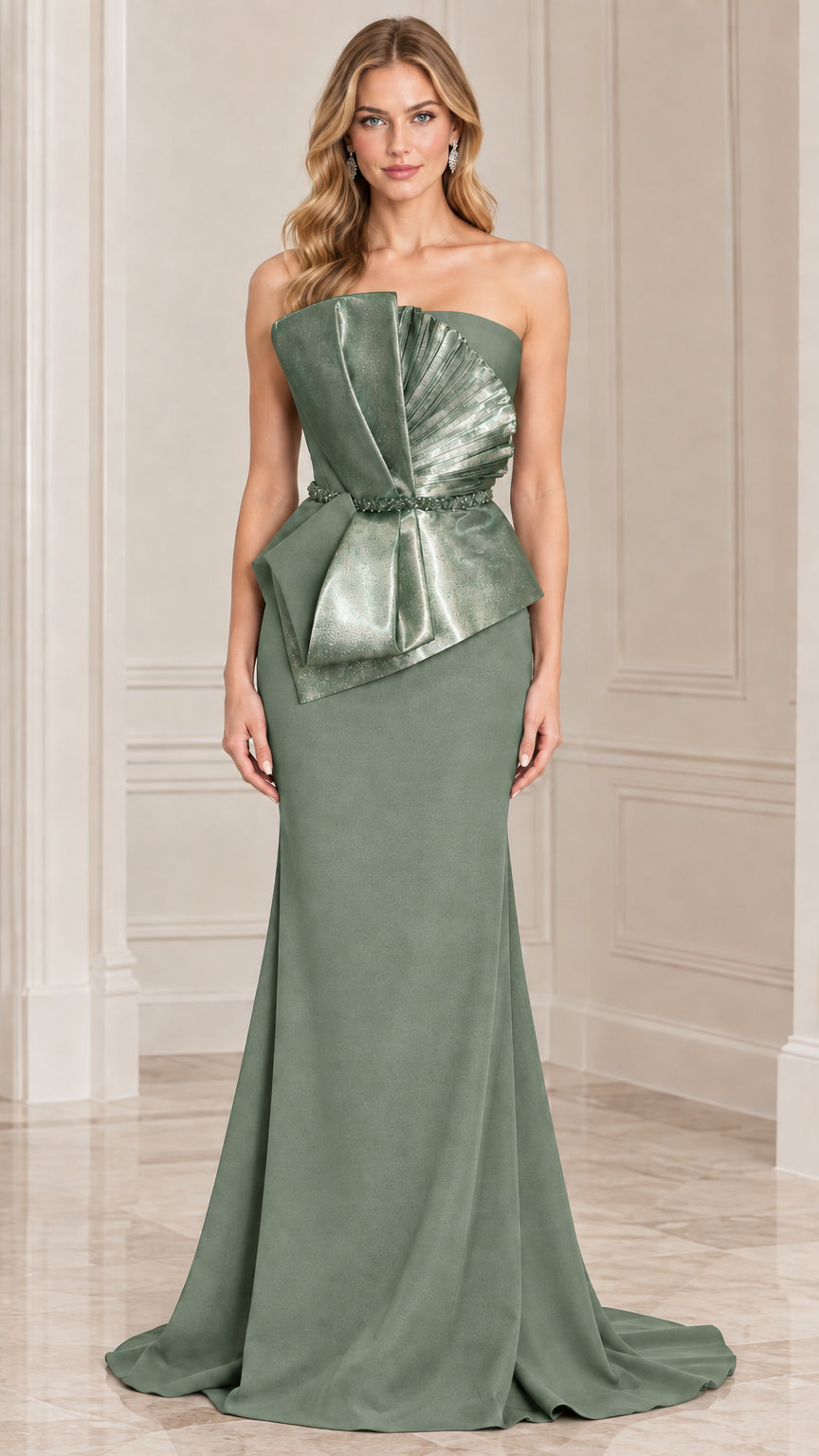 Sage green strapless evening gown with sculptural metallic fan-pleat waist detail