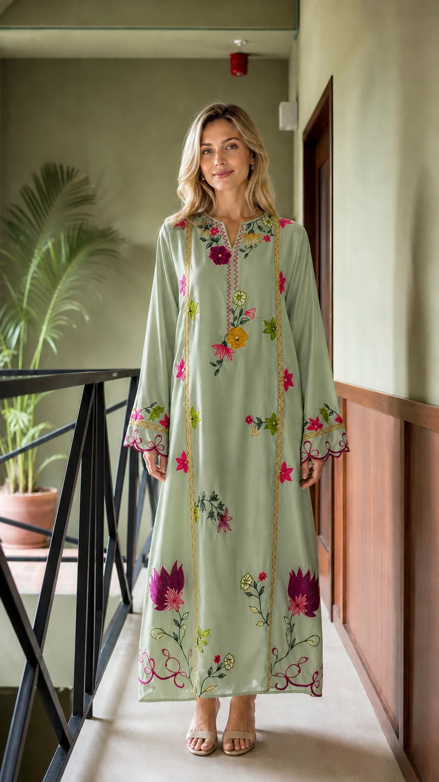 Model wearing Sage floral embroidered maxi kaftan dress
