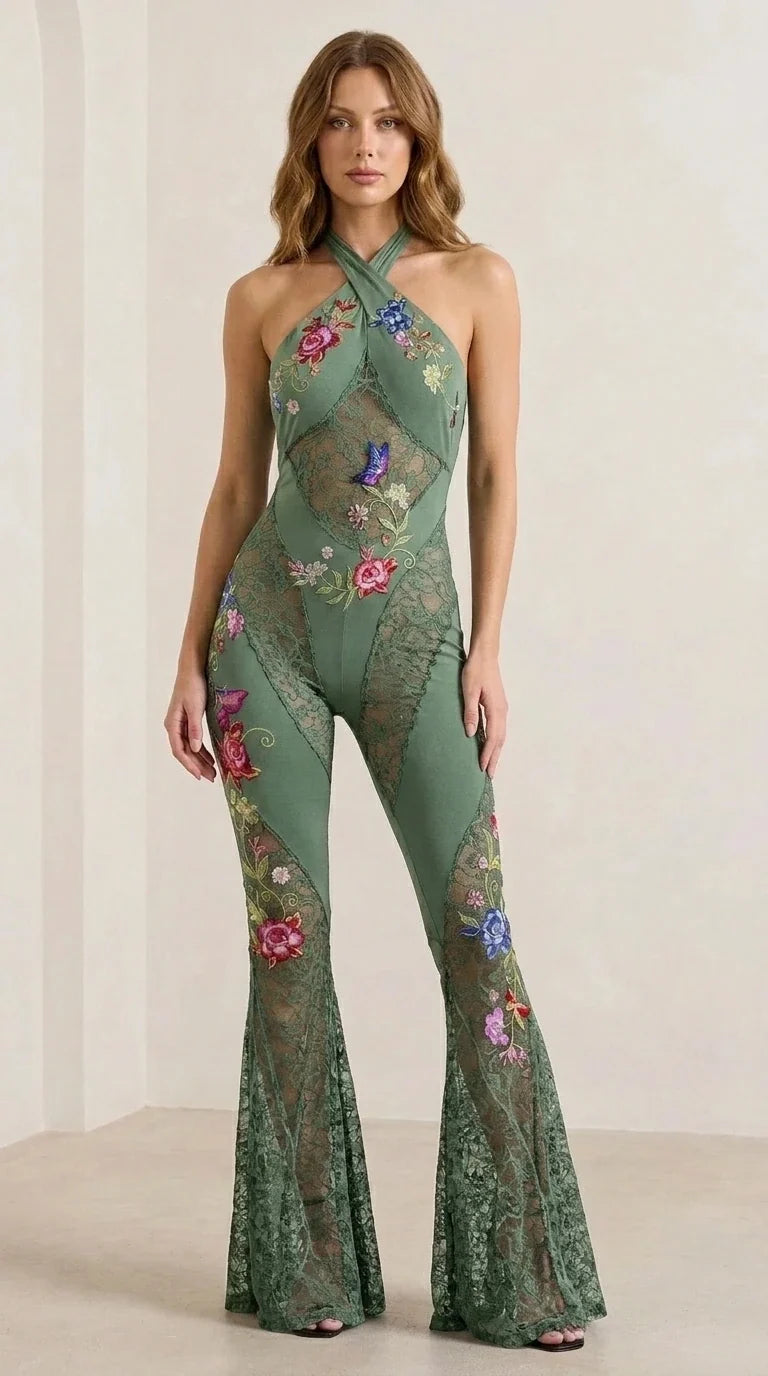 Sage green color variant of the floral embroidered lace jumpsuit