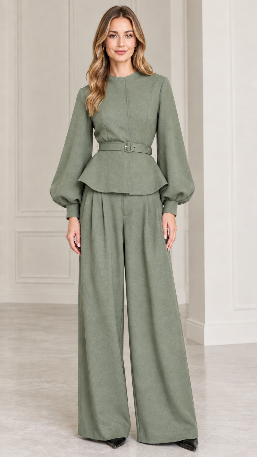 Full-length studio shot of model wearing Sage Green belted peplum top and wide-leg pants set