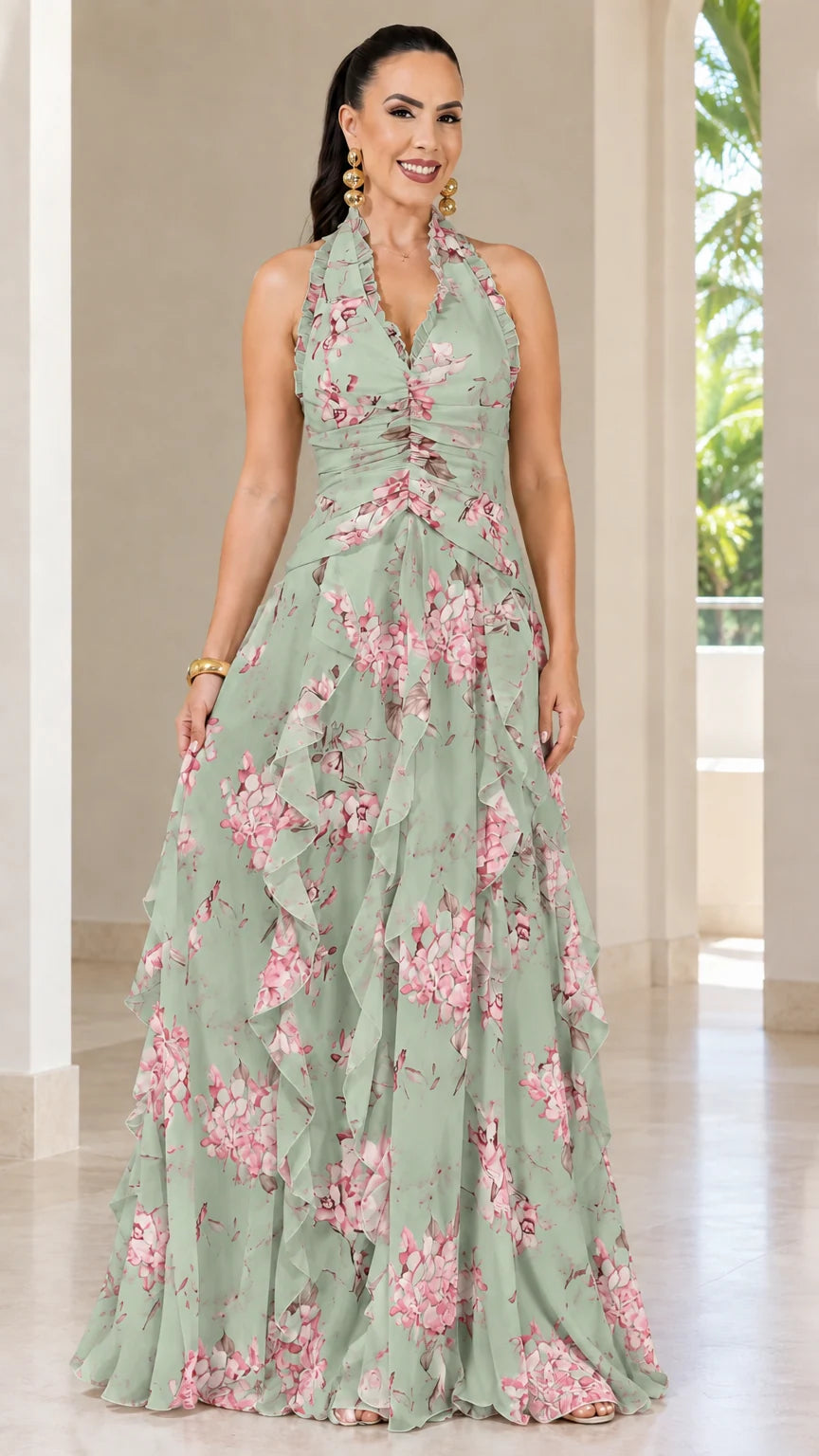 Full-length view of sage green floral halter neck tiered maxi dress