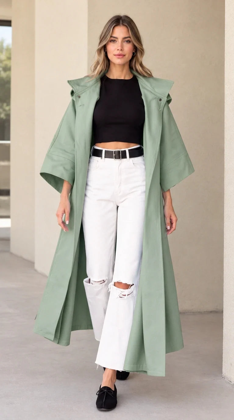 Front view of woman wearing sage green hooded maxi duster coat