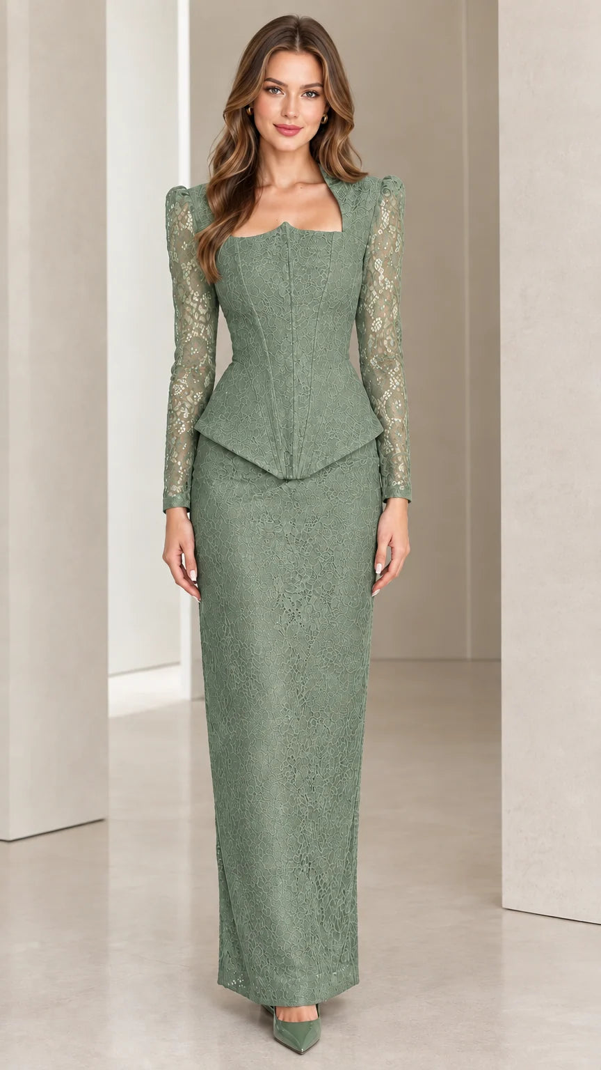 Front view of model wearing sage green lace peplum maxi dress set