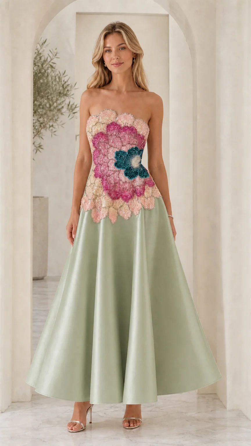 Model wearing sage green variant of strapless evening dress