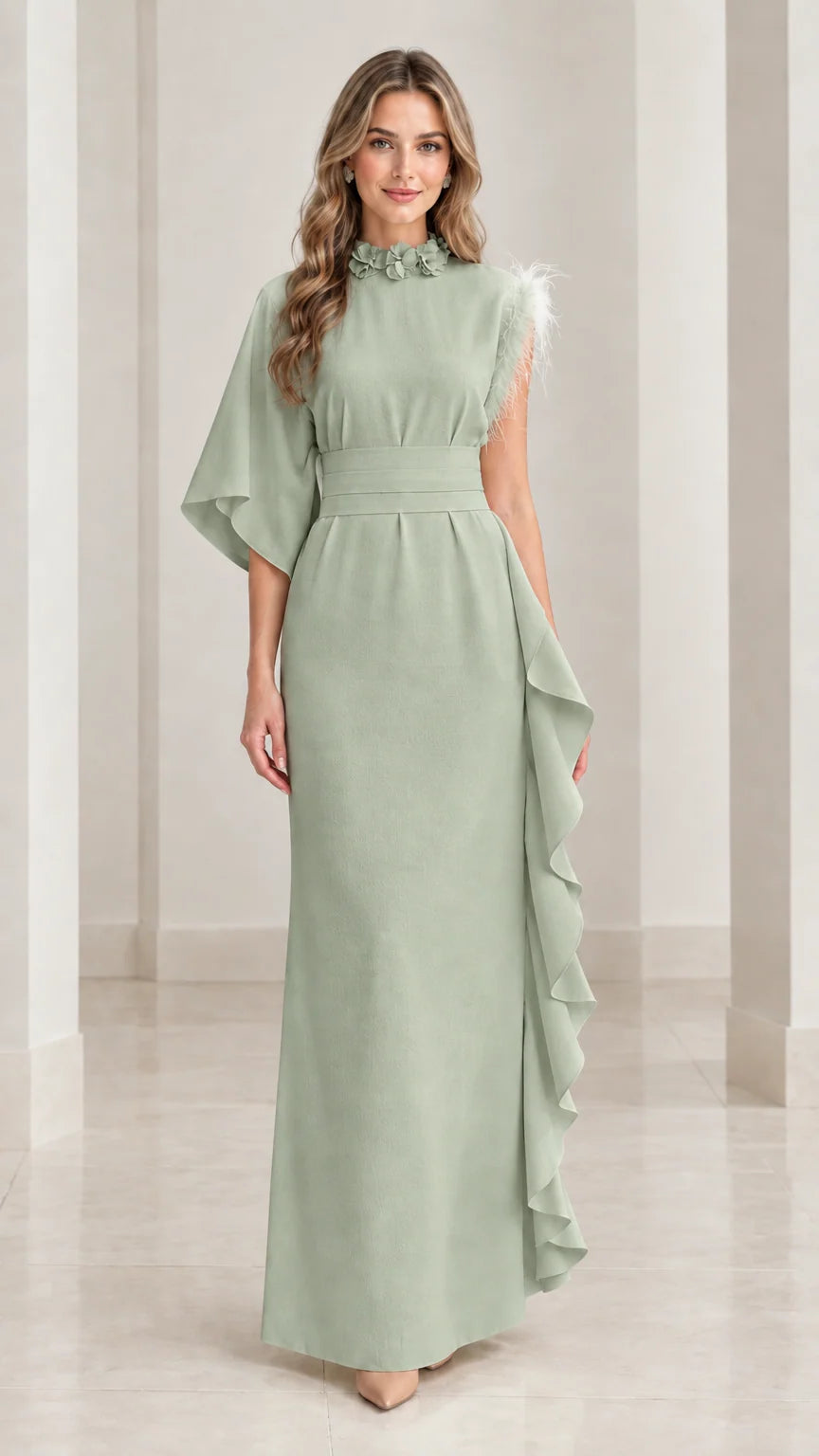 Sage green one-sleeve floor-length dress with 3D flower neckline and feather trim