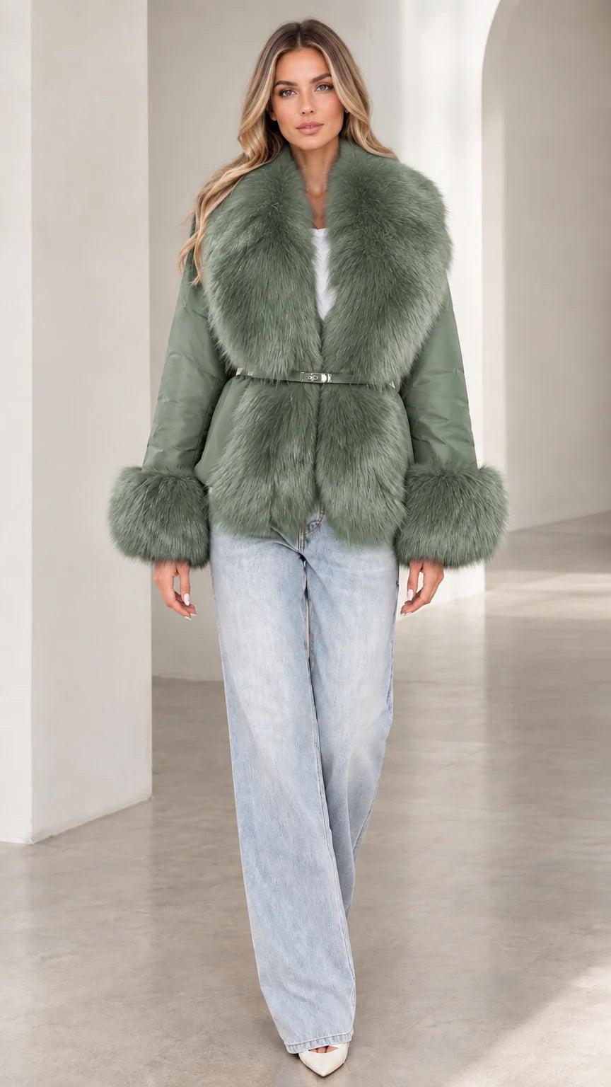 Model wearing sage green belted jacket with tonal plush faux fur collar and cuffs