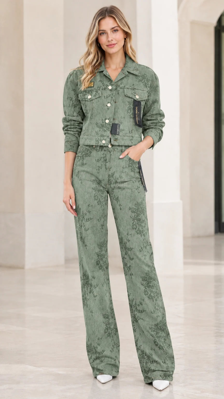 Model wearing sage green floral denim two-piece matching jacket and pants set