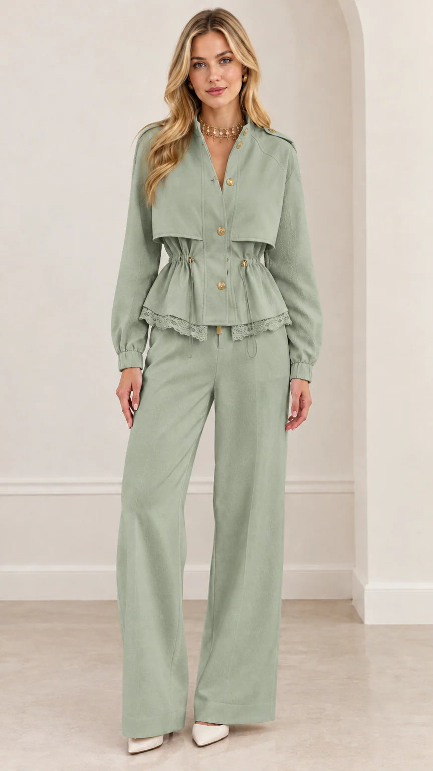 Full-length view of woman wearing sage green peplum jacket and matching wide-leg trousers