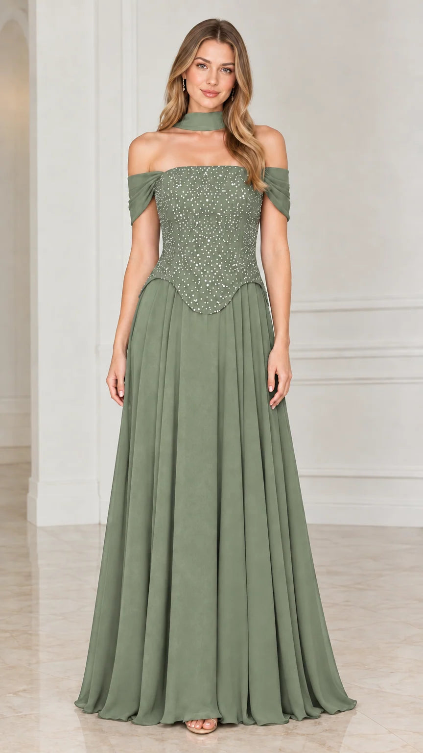 Sage green off-the-shoulder beaded formal maxi gown with matching choker band