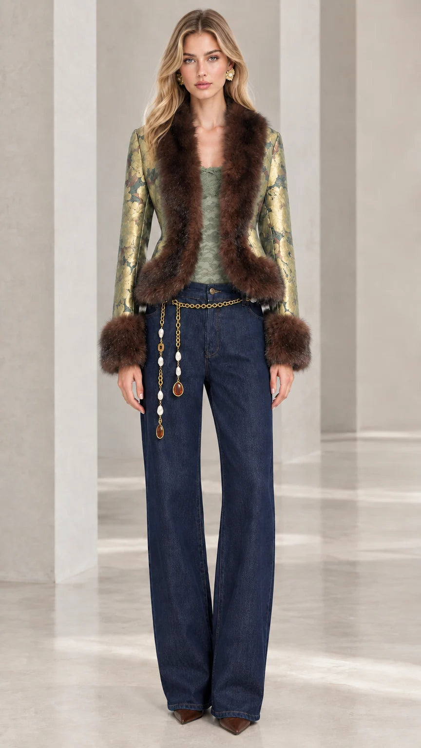 Model wearing sage green floral jacquard jacket with brown faux fur trim