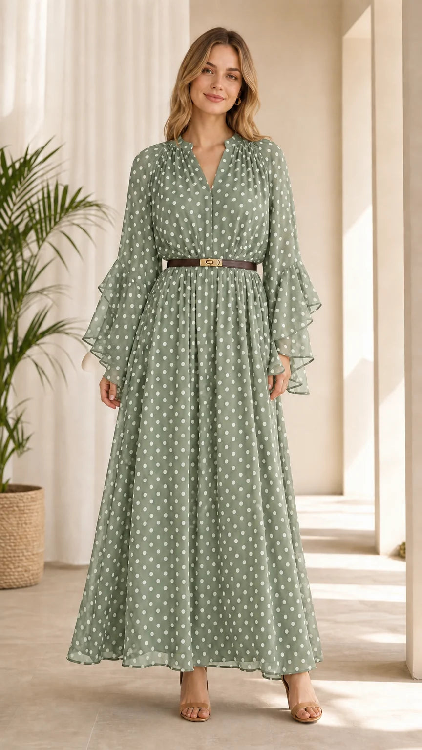 Model wearing sage green polka dot maxi dress with belted waist
