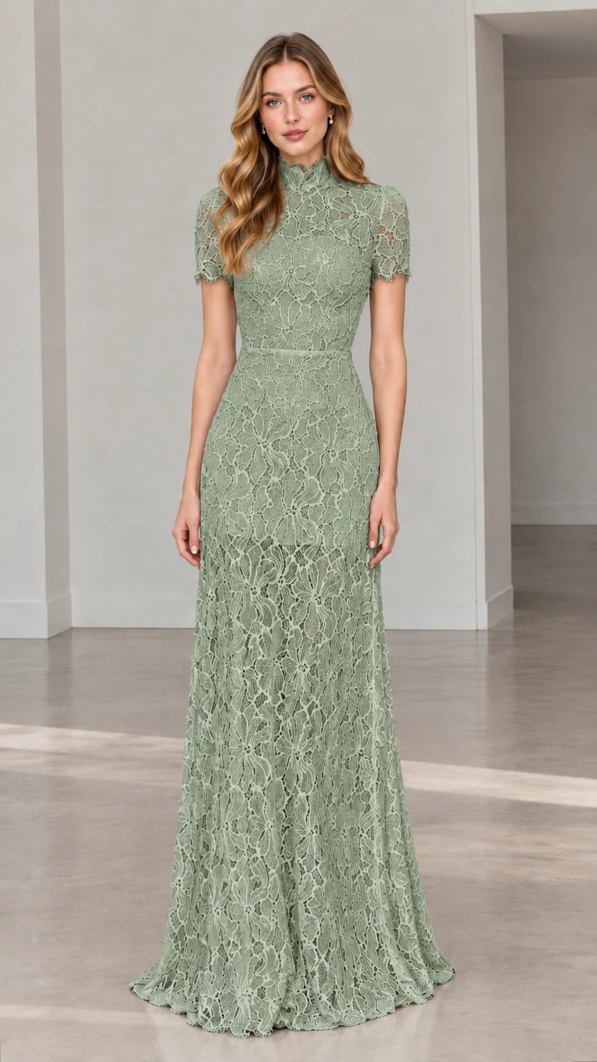 Front full-length view of model wearing sage green high-neck lace maxi dress