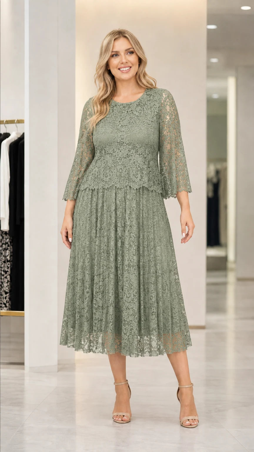 Front view of woman wearing sage green lace midi dress