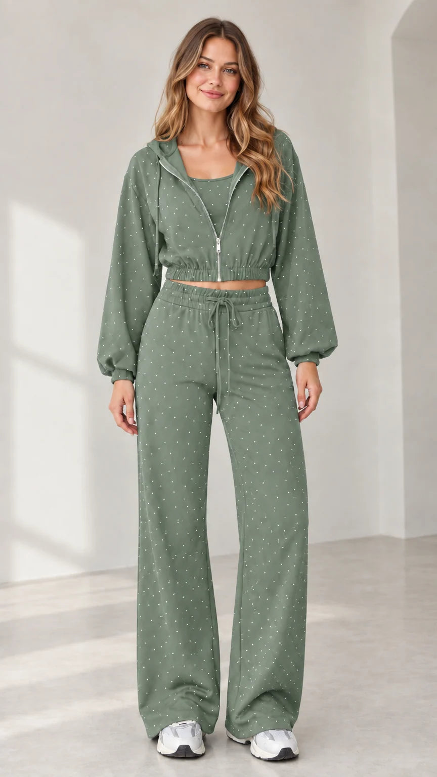 Full front view of model wearing sage green rhinestone 3-piece lounge set