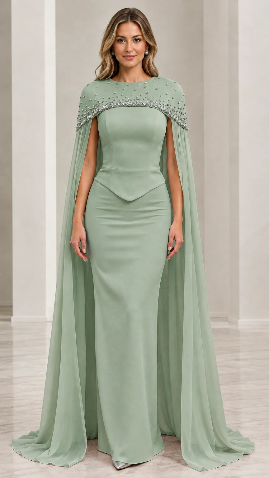 Model wearing sage green embellished cape formal mermaid maxi dress