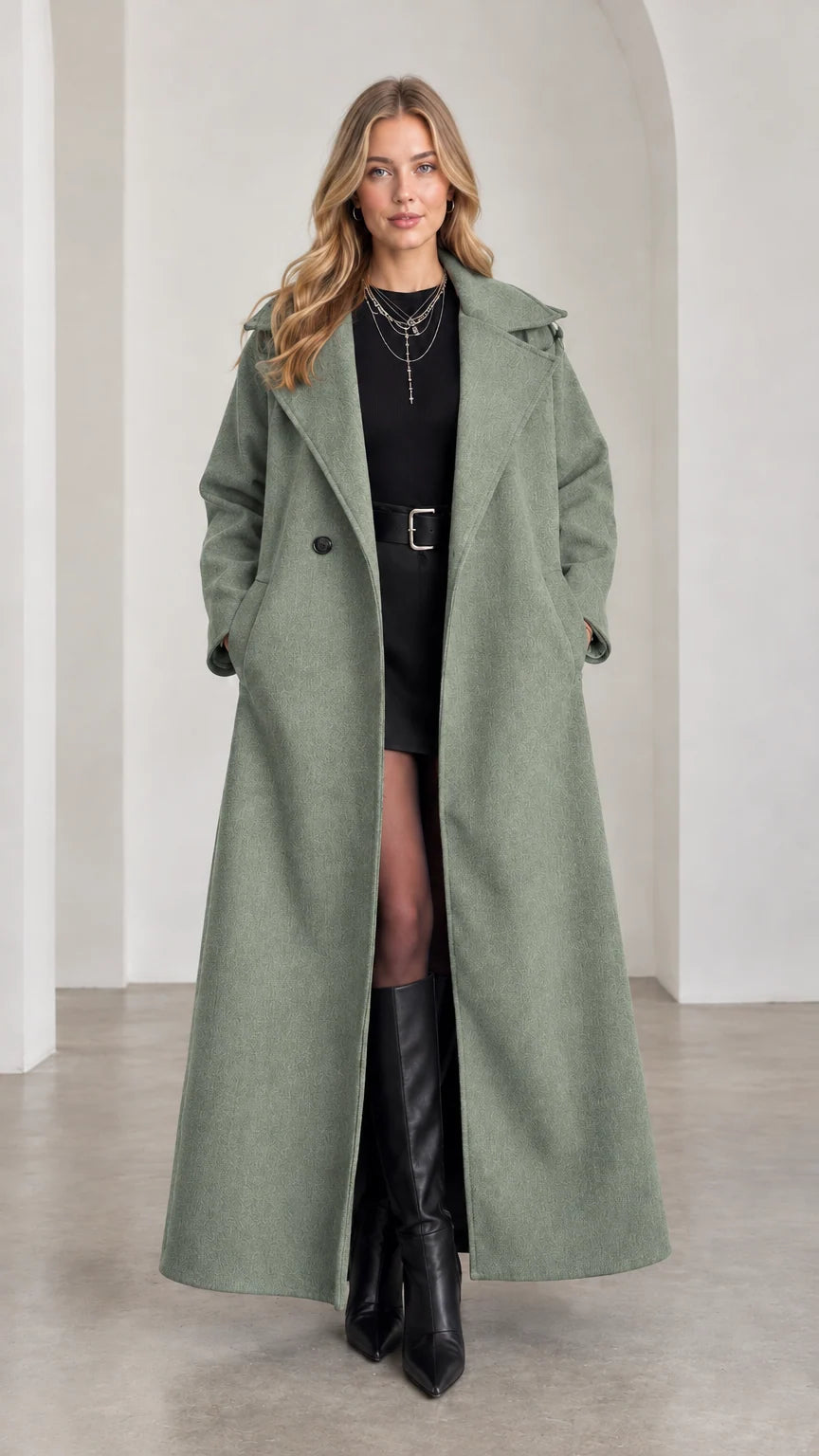 Model wearing sophisticated Sage Green maxi wool-look overcoat