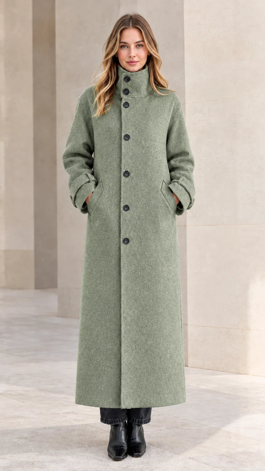 Front view of woman wearing sage green high neck winter maxi coat