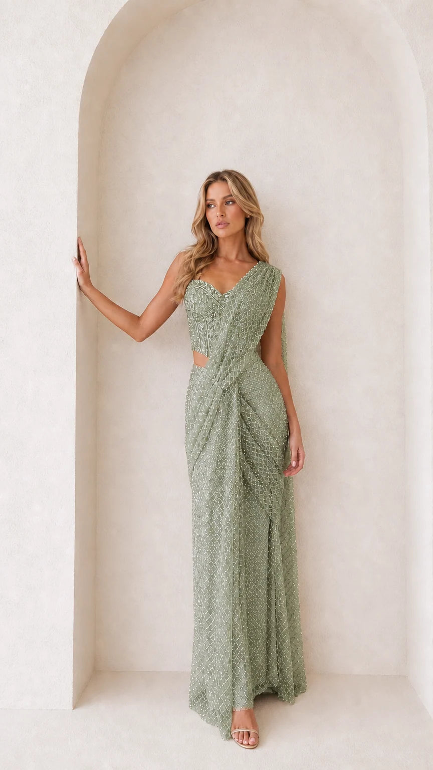 Sage Green sequin pre-draped saree evening gown front view