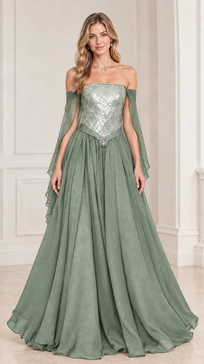 Model wearing Sage Green off-the-shoulder sequin evening dress with draped cape sleeves