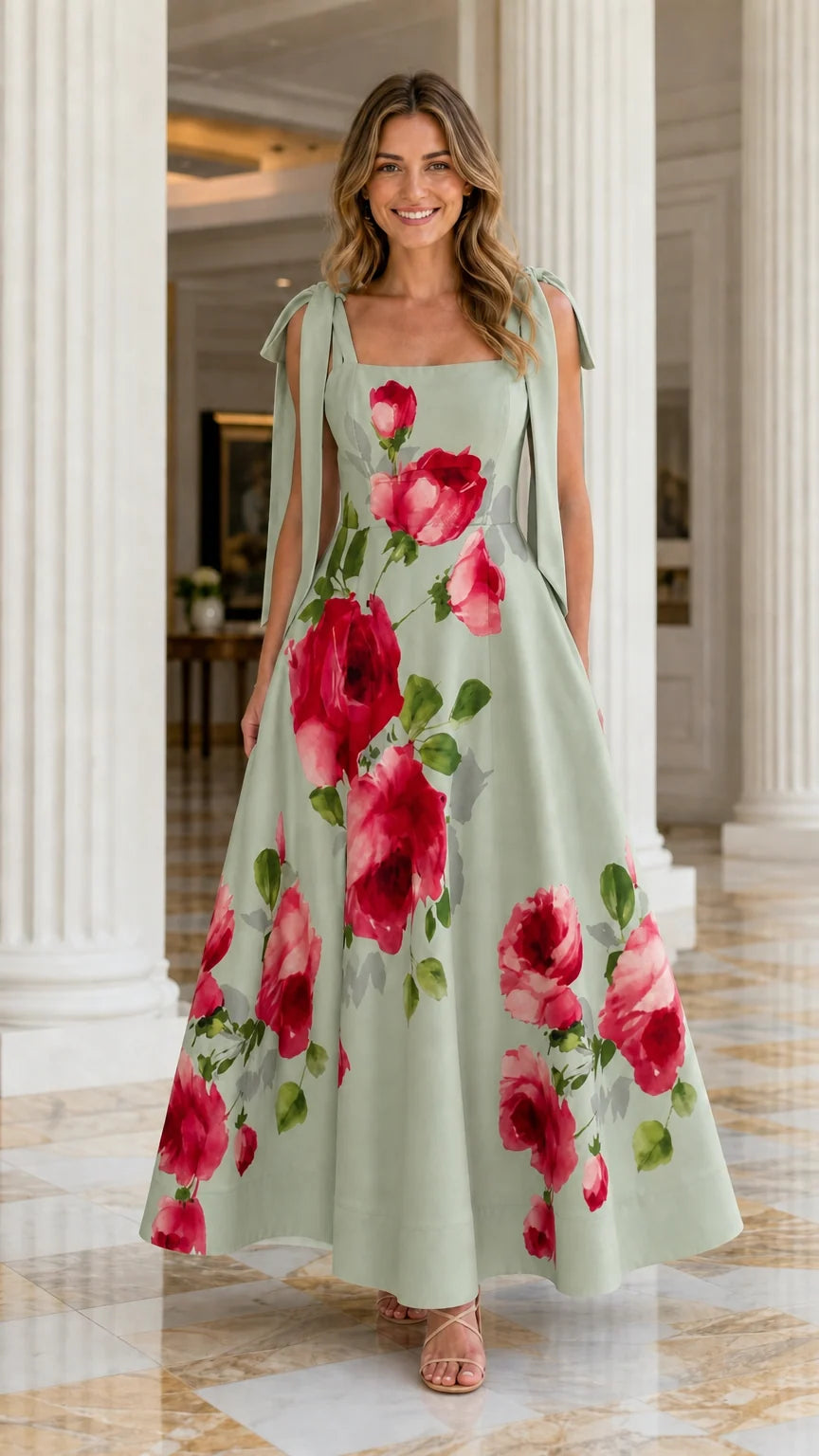 Model wearing sage green floral print tie-strap maxi dress
