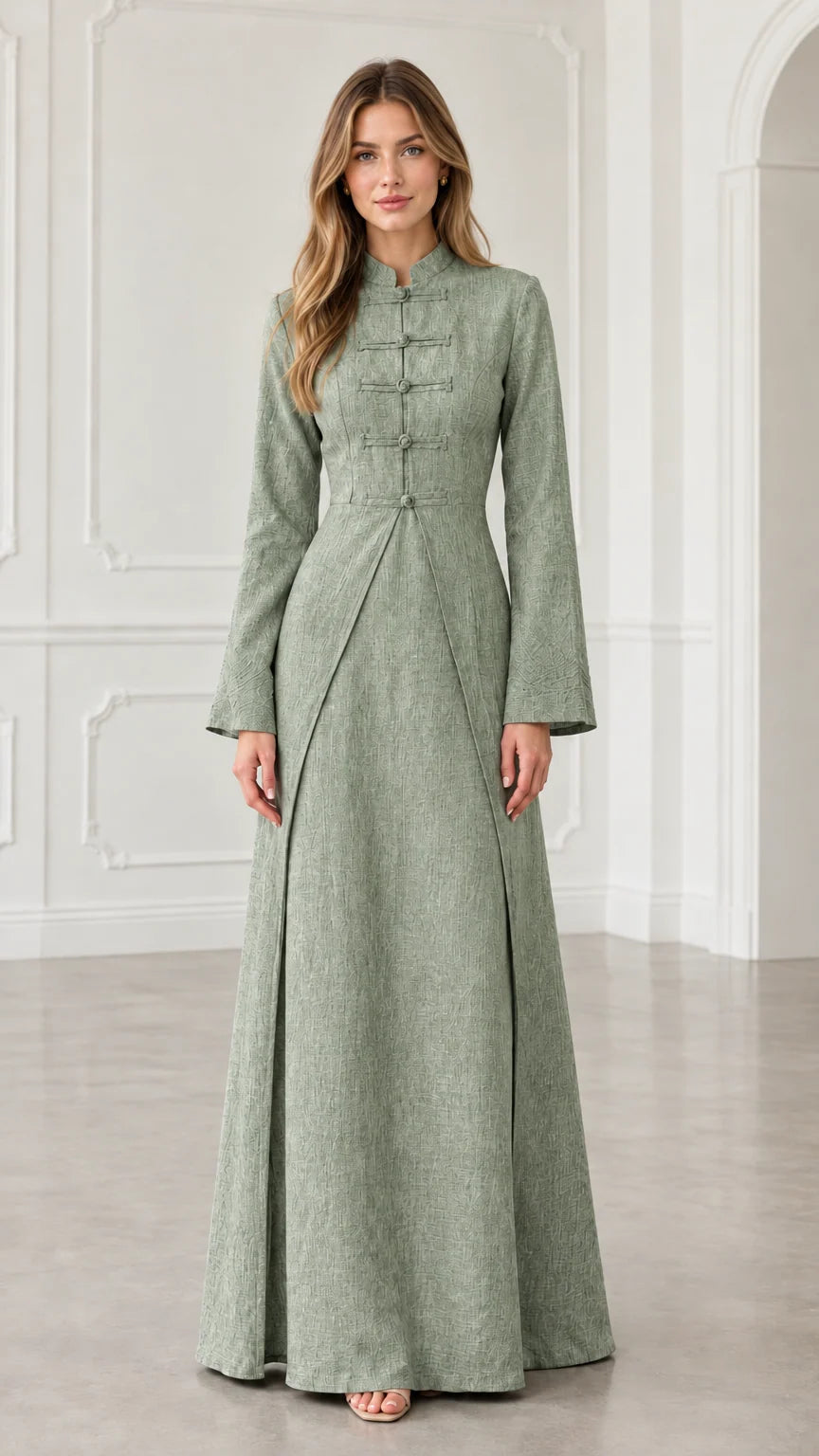Front view of model wearing sage green mandarin collar A-line maxi dress