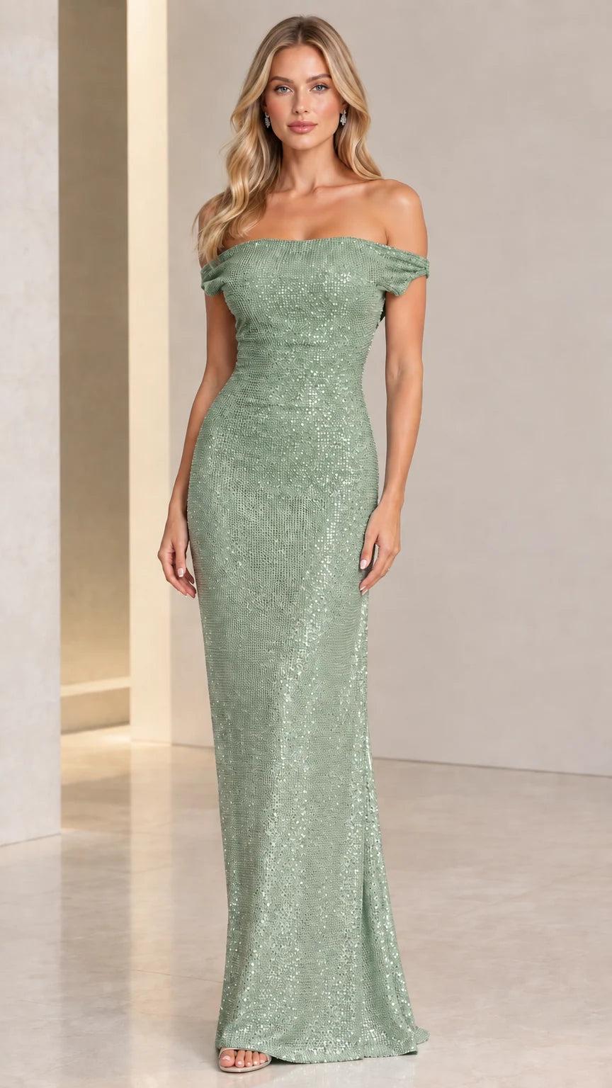 Model wearing a sage green shimmering off-the-shoulder formal maxi dress