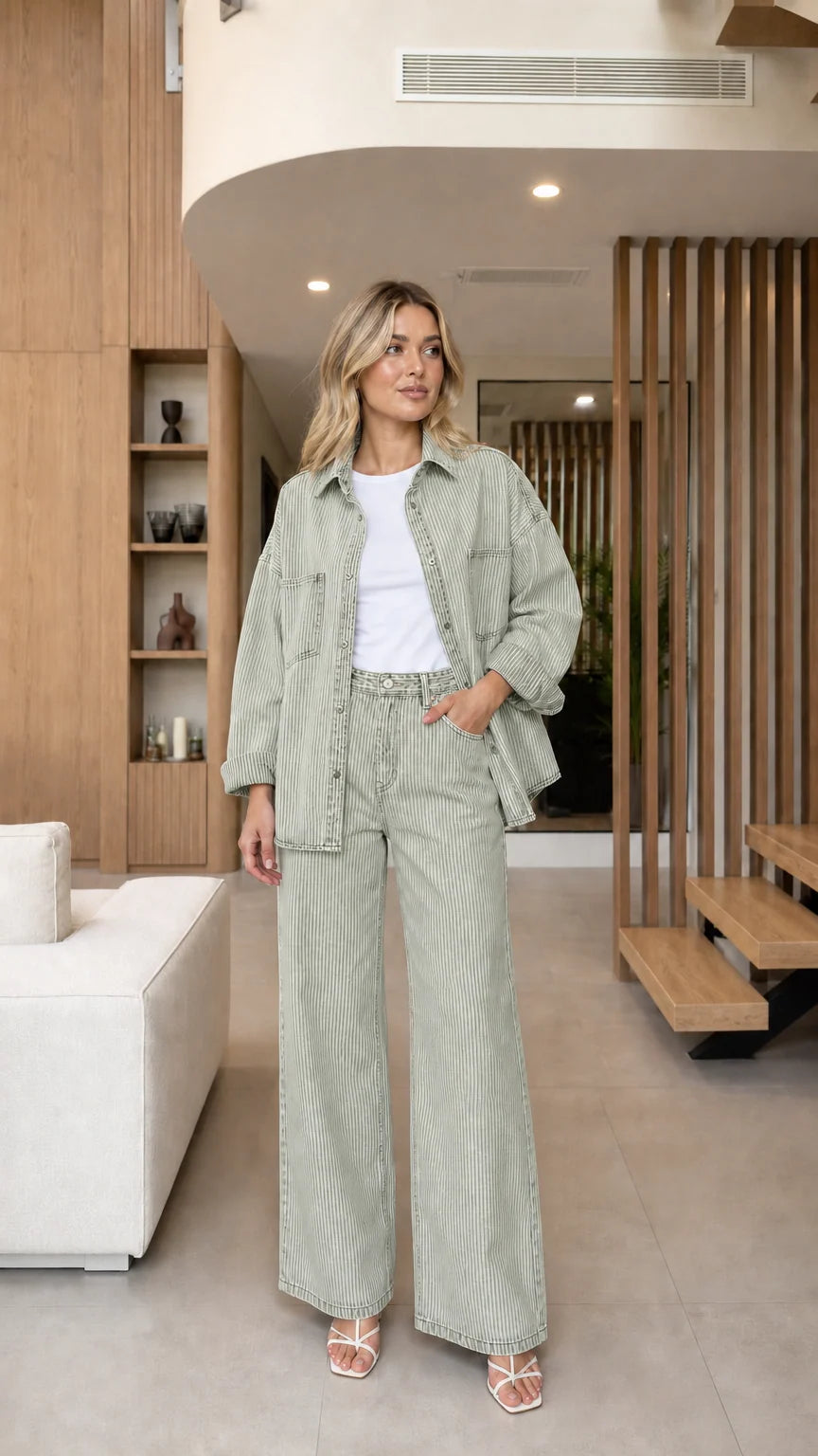 Model wearing Sage Green striped denim shacket and wide-leg pants two-piece set