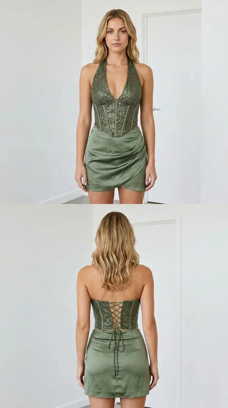 Sage Green sequin halter corset top and satin wrap mini skirt front and back view