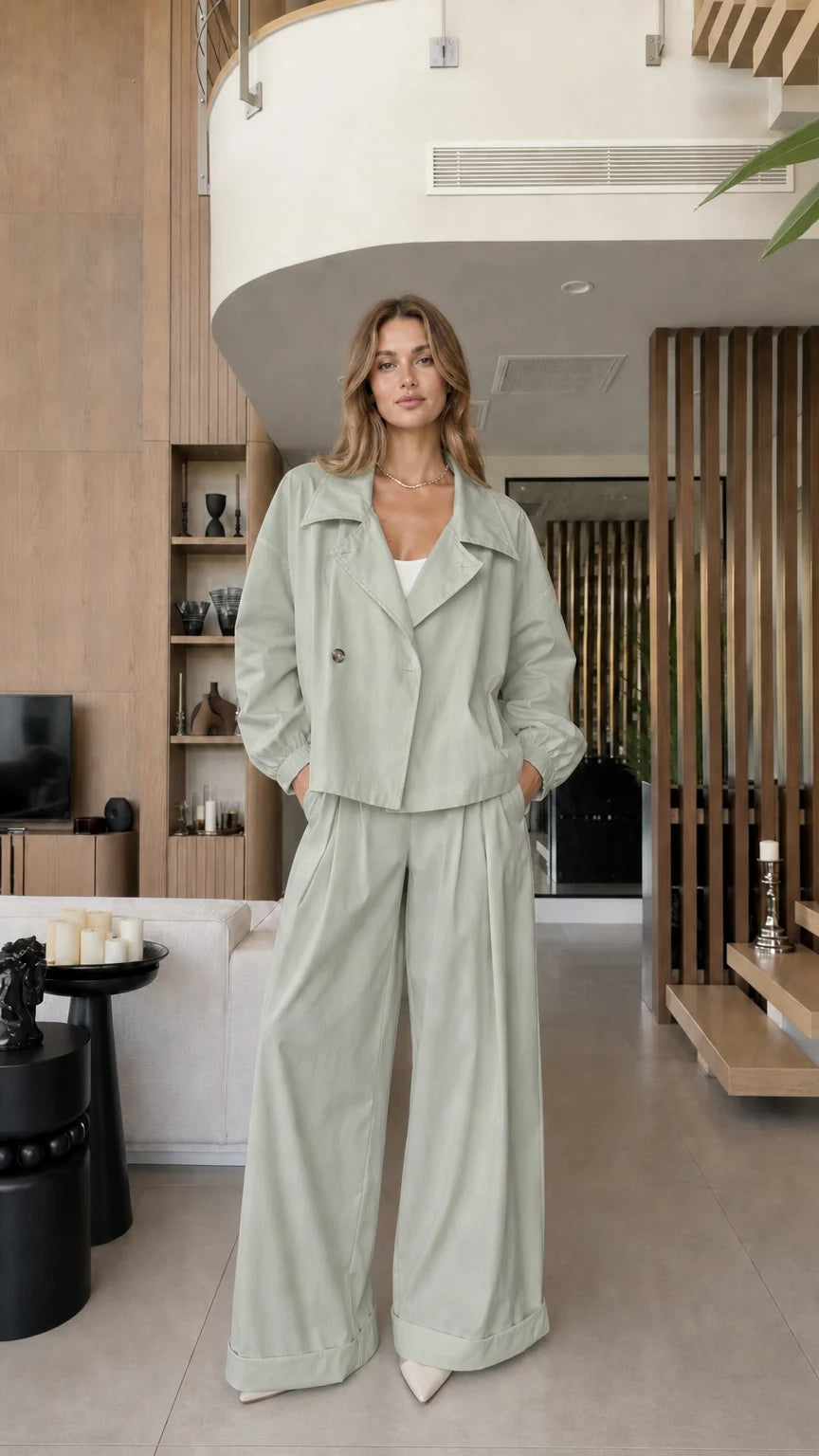Front view of the sage green cropped blazer and wide-leg pants set