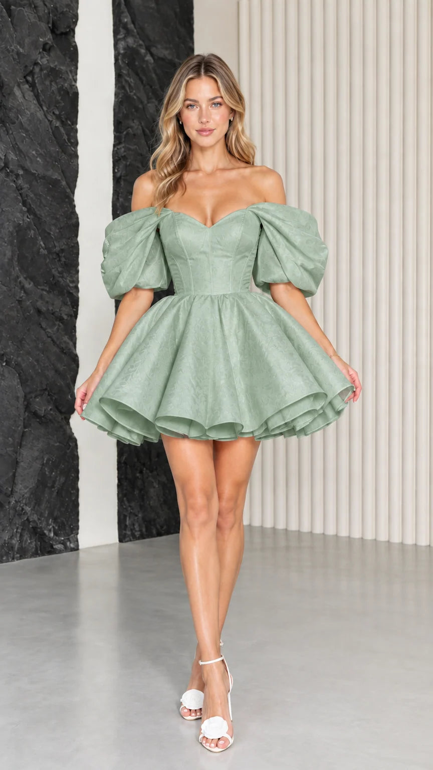 Model wearing sage green off-the-shoulder corset puff sleeve mini dress
