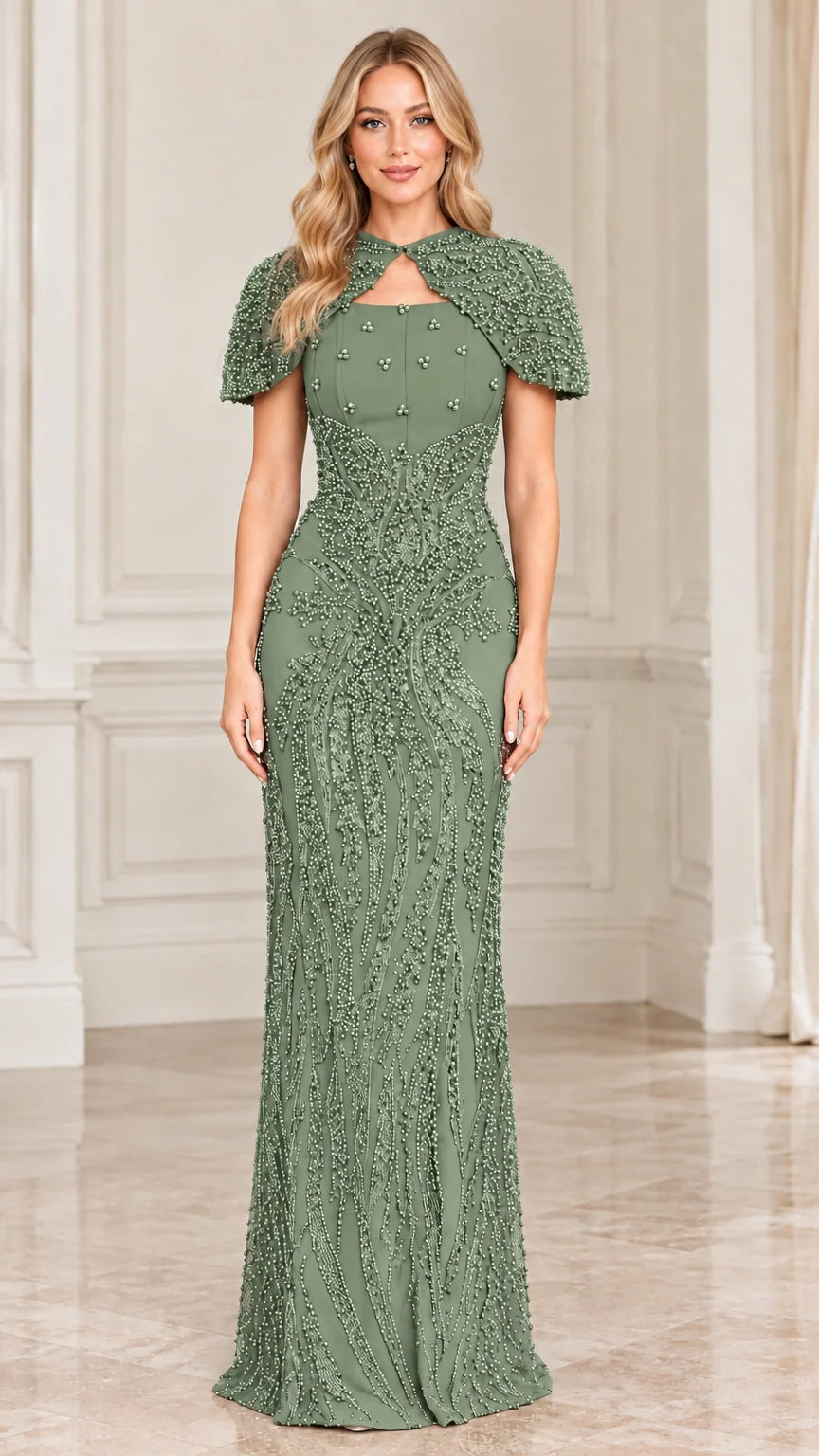 Sage green beaded capelet floor-length evening dress front view