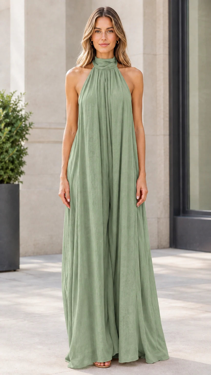 Front view of model wearing sage green halter neck wide-leg jumpsuit