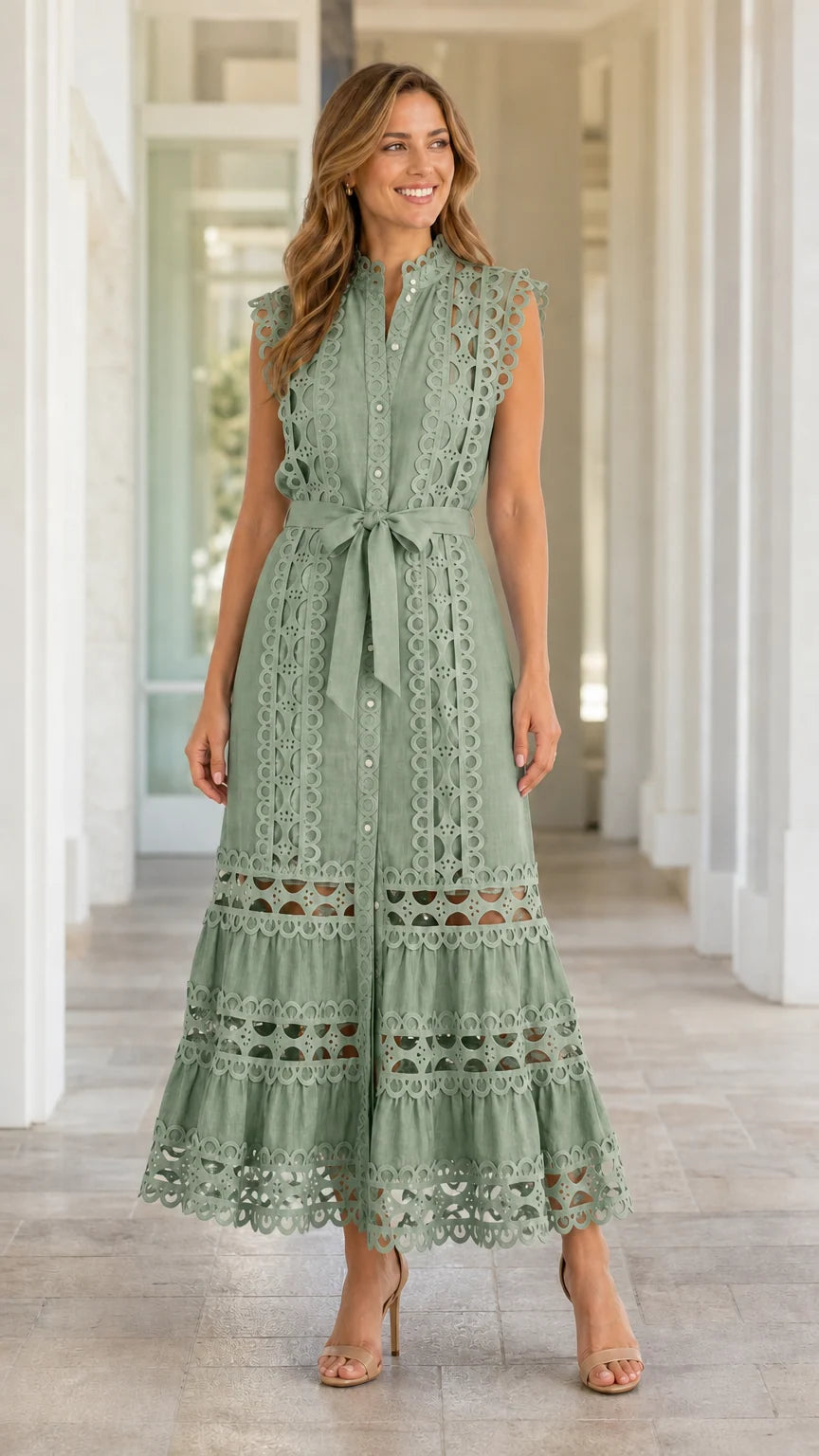 Full length view of model wearing Sage Green eyelet lace midi dress