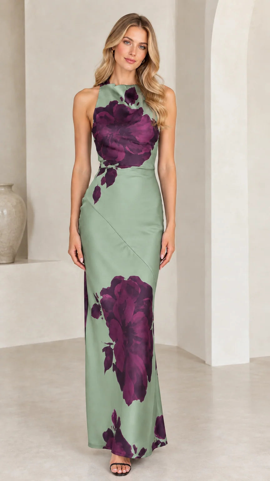 Front view of sage green floral print halter neck satin maxi dress