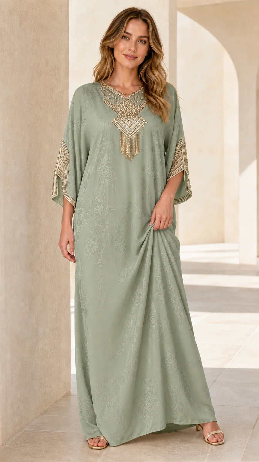 Model wearing Sage Green embellished kaftan maxi dress