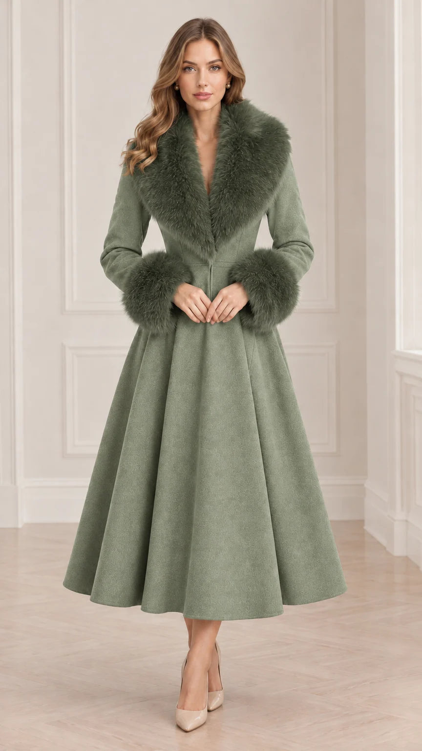 Model wearing Sage Green elegant A-line midi coat with plush green faux fur accents