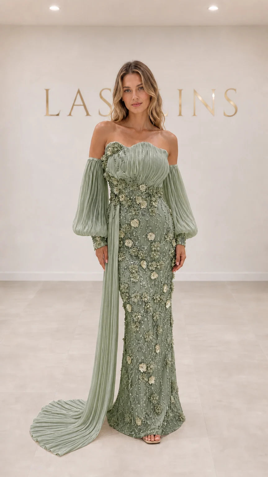 Sage green beaded 3D floral off-the-shoulder maxi gown with pleated side drape