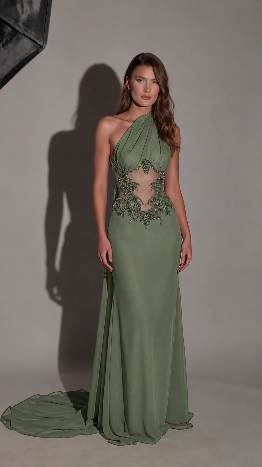 Front view of sage green one-shoulder evening gown with beaded sheer cutout